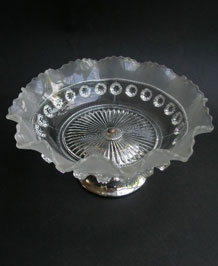 VINTAGE  FLUTED GLASS COMPORT/ CAKE DISH ON CHROME STAND.