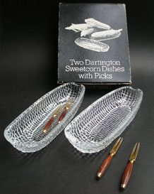 TWO DARTINGTON GLASS SWEETCORN DISHES WITTH PICKS [FT 149 ] DESIGNED BY FRANK THROWER IN ORIGINAL BOX.