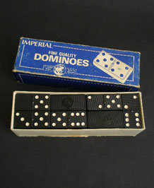 BOXED SET OF BLACK IMPERIAL SIX SPOT DOMINOES WITH SPINNERS