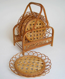 1970s CANE AND GLASS COASTERS IN CARRYING STAND