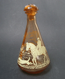 VINTAGE FRENCH SMALL PINK DECANTER WITH FOX HUNTING SCENE 
