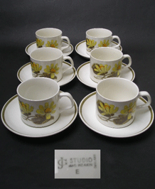 J&G MEAKIN  CUPS AND SAUCERS IN WOODLAND DESIGN  (1965) ON THE STUDIO SHAPE