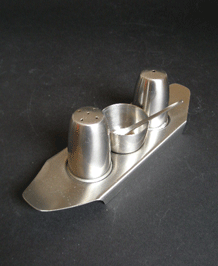    OLD HALL STAINLESS STEEL CRUET SET ON STAND DESIGNED BY ROBERT WELCH