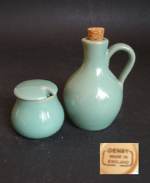    VINTAGE DENBY MANOR GREEN OIL /VINEGAR BOTTLE AND MUSTARD POT
