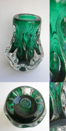                                      LISKEARD GLASS GREEN AND CLEAR  KNOBBLY  VASE DESIGNED BY JIM DYER (1970s)