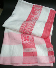 1930s DAMASK ORIENTAL TABLECLOTH WITH ROSE PINK BORDER