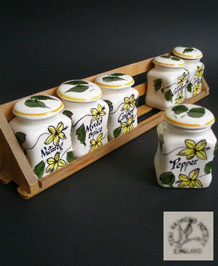 1960s TONI RAYMOND HANDPAINTED HERB JARS IN WOODEN RACK