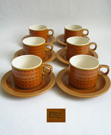                                       SIX HORNSEA SAFFRON CUPS AND SAUCERS DESIGNED BY JOHN CLAPISSON