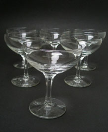             SIX  CHAMPAGNE SAUCERS / COCKTAIL GLASSES WITH HEXAGONAL STEM         