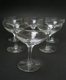            SIX  CHAMPAGNE SAUCERS / COCKTAIL GLASSES WITH HEXAGONAL STEM         