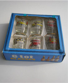 SET OF SIX BOXED 1960s VINTAGE BUS TOT GLASSES